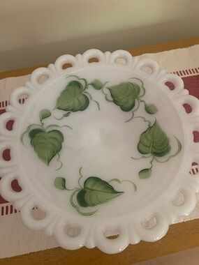 White Milk Glass Decorative Plate with Green Leaf Motif